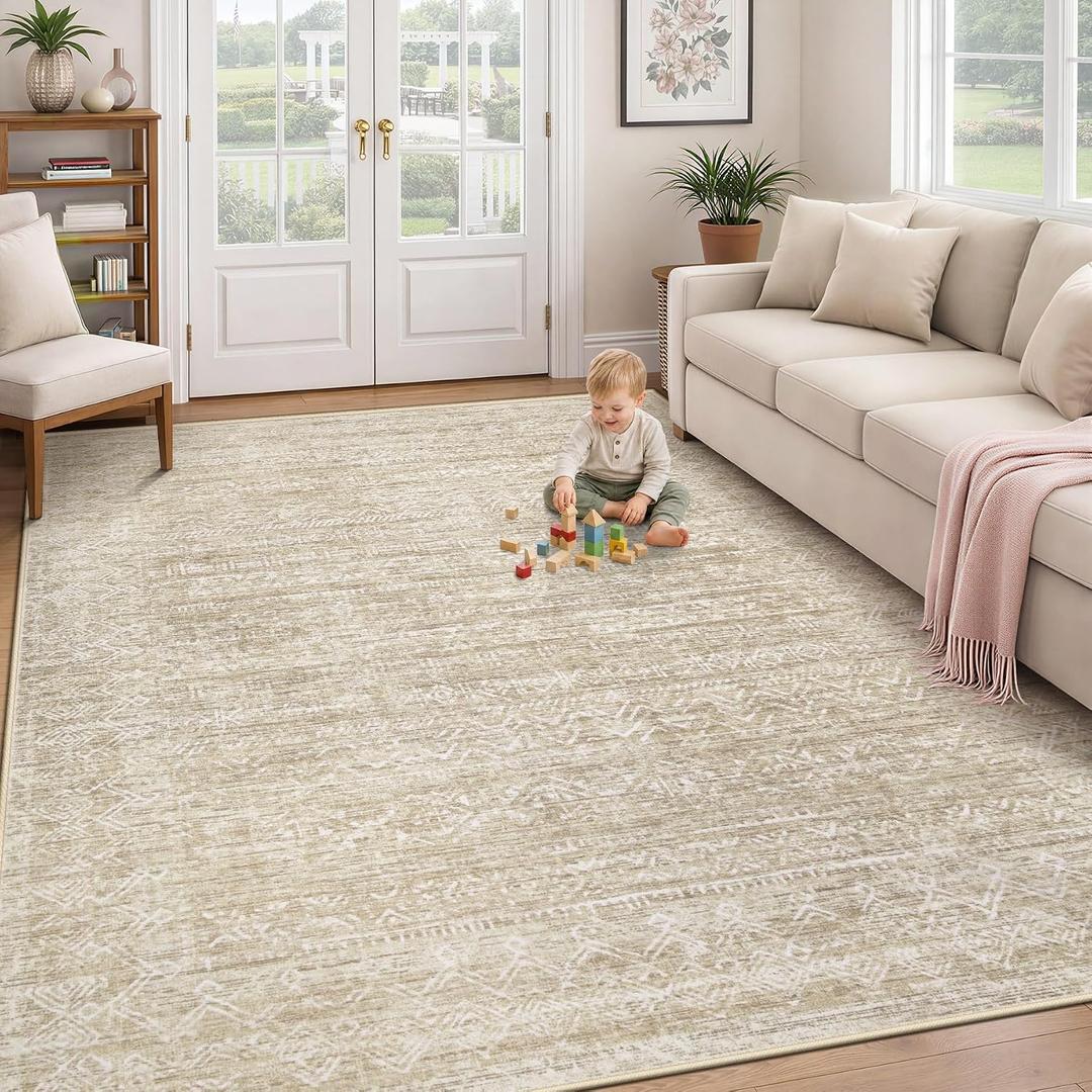 Washable Rug 6x9 Area Rugs: Modern Geometric Rugs for Living Room Non Slip Soft Low Pile Moroccan Indoor Carpet for Bedroom Nursery Dining Room Home Office Children's Room (Beige, 6'x9')