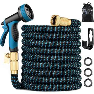 100 ft Expandable Garden Hose - Kink Free Flexible Water Hose 100ft with 10 Pattern Spray Nozzle, 3/4 Solid Brass Connectors, Retractable Latex Core - Lightweight Expanding Hose