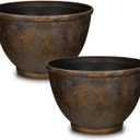 Hollyone Set of 2 Outdoor Planter 11.5 inch Plant Pot Plastic Pots for Plants Planters for Outdoor Indoor Plants with Drainage Hole Round Plant Pot Flower Pots Garden Decorations Brown