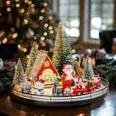 12 Pcs Christmas Table Decorations Village Sets with 13" Lazy Susan Winter Xmas Holiday Table Centerpieces Town Building Collection, Light-up House Trees Santa Snowman Indoor Decor