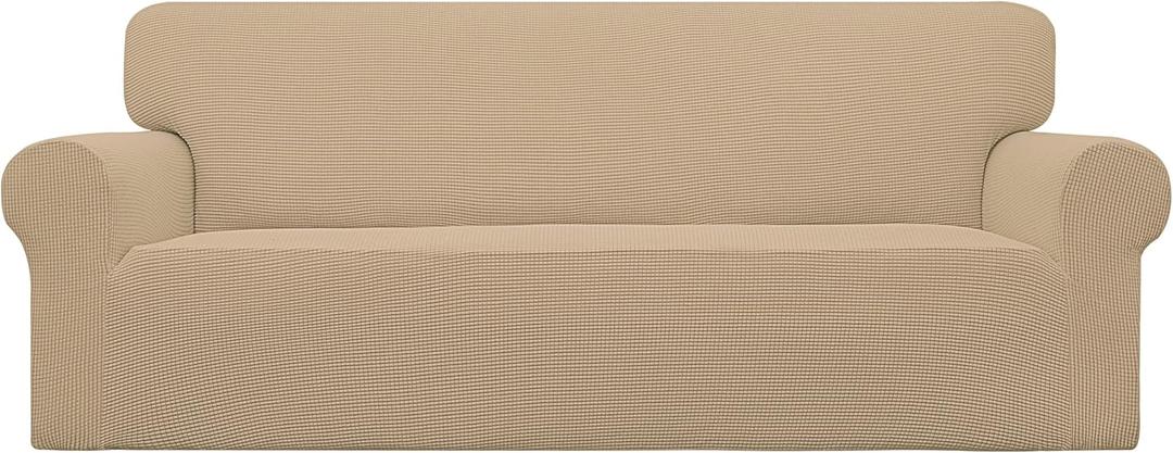 Easy-Going Stretch Sofa Slipcover 1-Piece Sofa Cover Furniture Protector Couch Soft with Elastic Bottom for Kids, Polyester Spandex Jacquard Fabric Small Checks (Sofa, Sand)