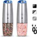 Rechargeable Electric Salt And Pepper Grinder Set, Automatic Gravity Electric Salt And Pepper Grinder Set, Adjustable Roughness, Led Light, 2 Pack, (Silver)