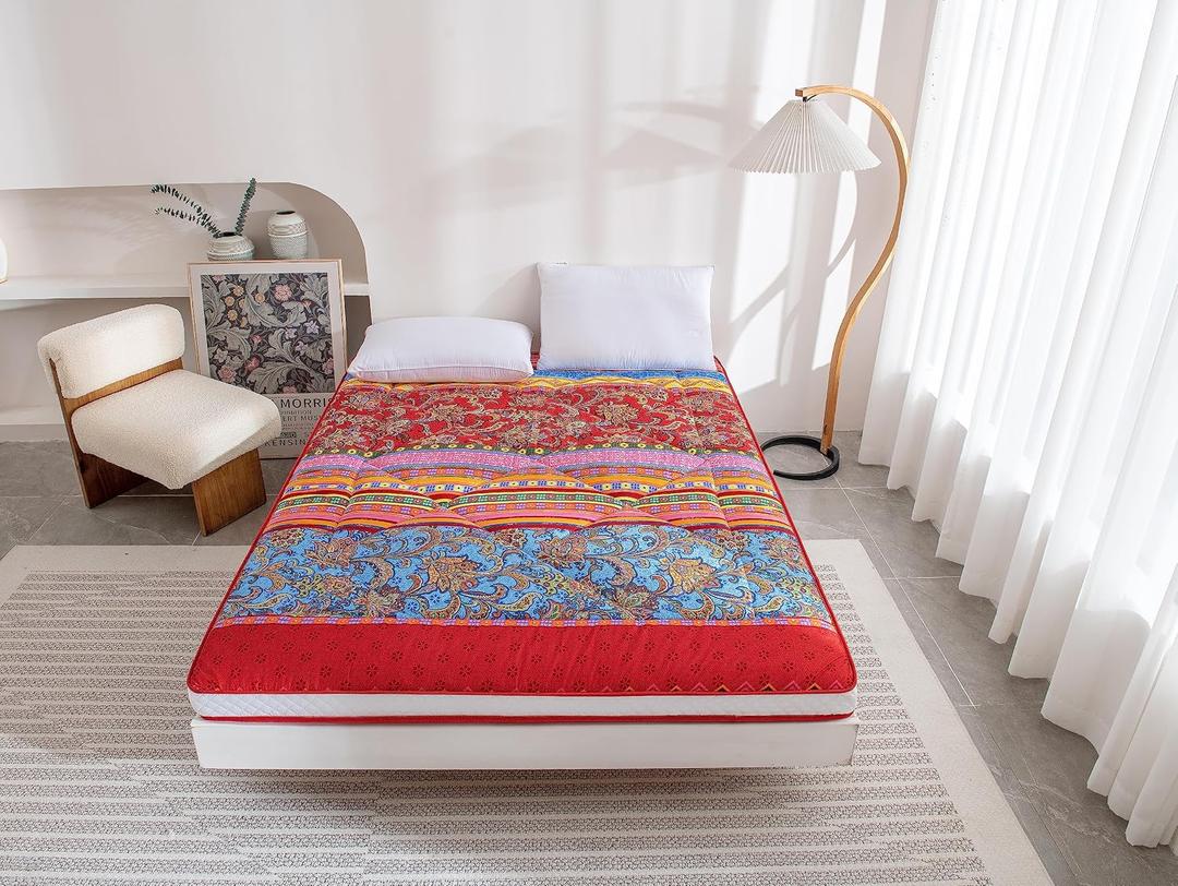 Japanese Floor Mattress Futon, Thicken Foldable & Portable Roll up Camping Mattress, Bohemia Yellow Queen