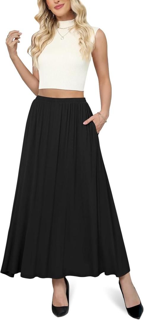 Yincro Womens Maxi Skirt Casual Flowy Elastic High Waist Long Skirts with Pockets (Small, Black)