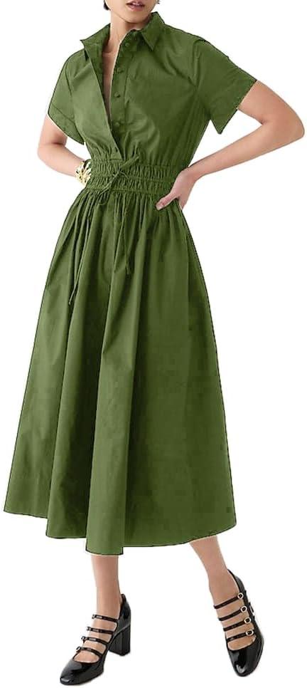 Ladyful Women Casual Button Down Short Sleeve Shirt Dress Tie Waist Midi Shirt Dress Elegant Business Party (Large, Green)