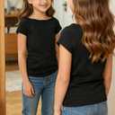 Floral Find Girls Raw Cut Cap Sleeve Tee Summer Boat Neck Lightweight Tops Cute Basic T-Shirts, Black, 6-7Y