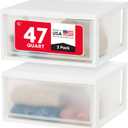 IRIS USA 47 Qt. Extra-Large Stackable Storage Drawer Plastic Drawer Organizer with Clear Doors, for Pantry Bedroom Closet Kitchen Under-Sink Home and Office De-Clutter Shoes and Crafts, White, 2-Pack