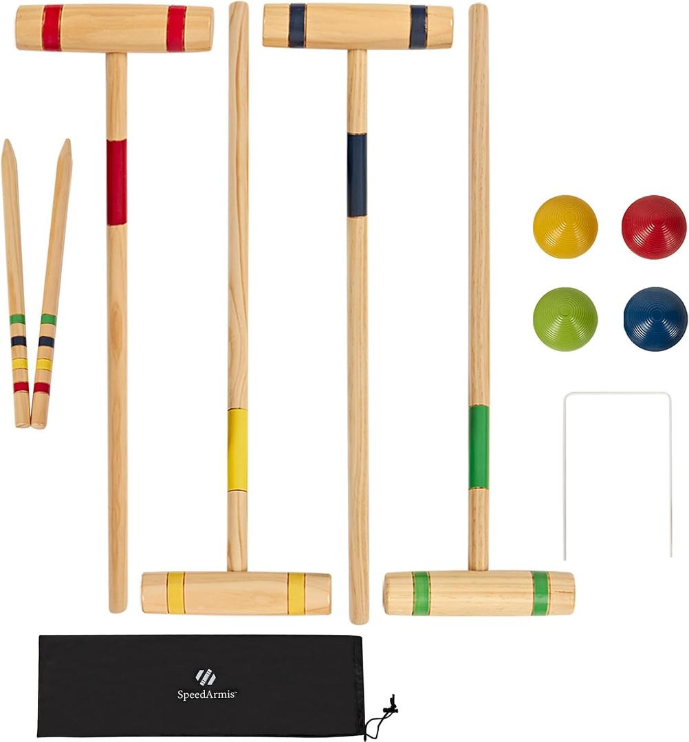 4-Player Croquet Set, 24" Pine Mallets Family Lawn Outdoor Game