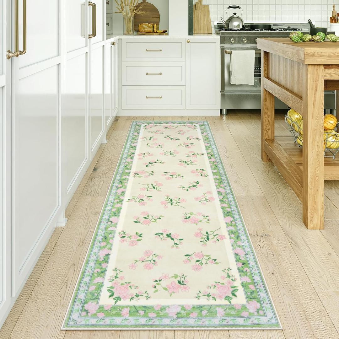 LIVEBOX Washable Kitchen Runner Rug 2x6- Boho Low-Pile Long Entryway Rugs for Hallway Bedroom, Non-Slip Soft Carpet Runner Throw Rug for Bathroom Laundry Room, Light Green