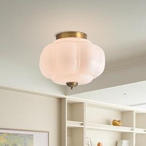 Large Milk Glass Ceiling Light, 15" Mid Century Modern Schoolhouse Green Ceiling Light Fixture, Vintage Pumpkin Light for Kitchen, Bedroom, Hallway and Dining Room (White 15 Inch)
