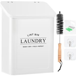 Magnetic Lint Bin for Laundry Room, Metal Lint Container with Lid and Brush, Wall Mounted Lint Box for Dryer, Farmhouse Laundry Room Decor, White (Pattern 2)