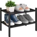 BMOSU 2-Tier Bamboo Small Shoe Rack Premium Stackable Shoe Shelf Storage Organizer for Hallway Closet Living Room Entryway Organizer(Black)