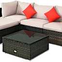 5-Piece Outdoor Patio Furniture Set, Glass Top Coffee Table and Lounge Sofa with Cushions, PE Rattan Conversation Set for Garden, Deck, Backyard (Beige)