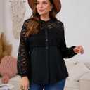 Plus Size Blouse for Women - Elegant Lace Flowy Tunic Tops Dressy Casual Long Sleeve Button Down Shirts (Black, XXL)