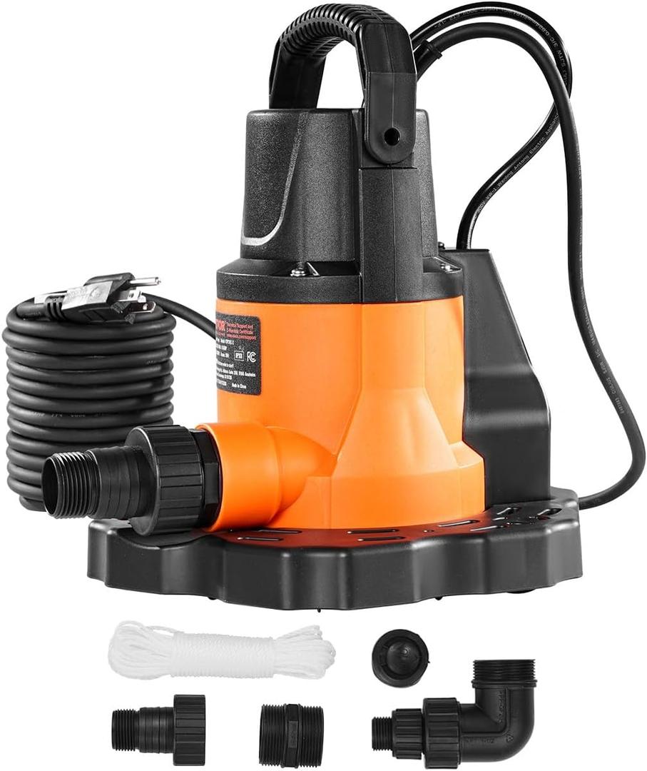 VEVOR Winter Pool Cover Pump Automatic 3200GPH - Heavy Duty for Ice & Leaves Removal | 26ft Lift, IPX8 Waterproof w/33ft Cord & Rope | Fits Safety Inground Covers
