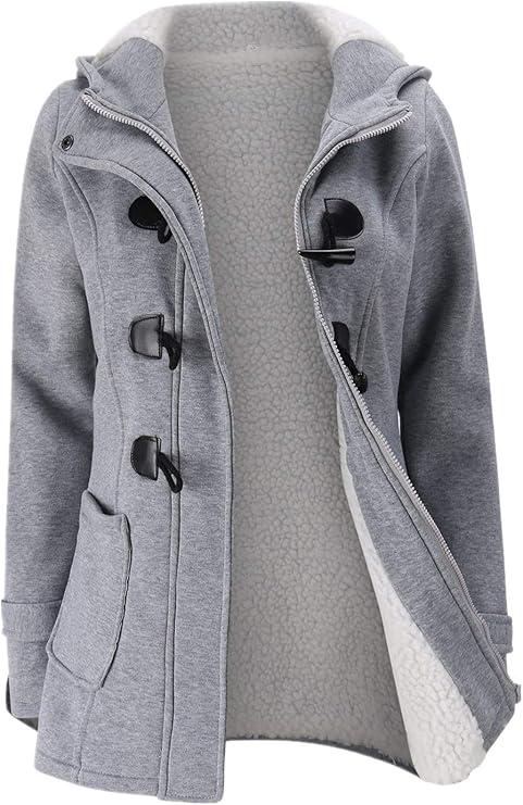 JiangWu Womens Fashion Horn Button Fleece Thicken Coat with Hood Winter Warm Jacket (Large, Light-gray)