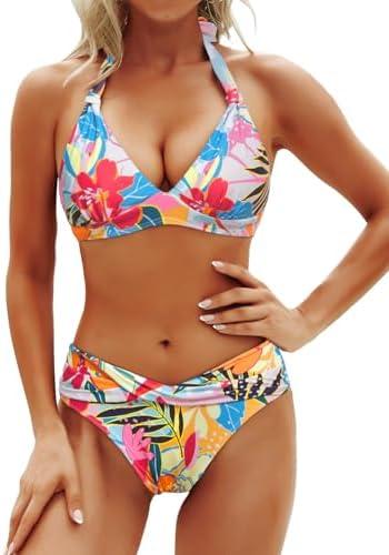 Yonique Women Two Piece Bathing Suits Push Up Bikini Set Halter Swimsuit Vintage Swimwear M