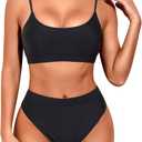 Tempt Me Women High Waisted Bikini Set Athletic Two Piece Swimsuits Sporty High Cut Bathing Suit with Scoop Neck (Small, Black)