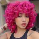 Hot Pink Curly Wig for Black Women Soft Short Curly Wig with Bangs for American Women WigsLarge Earrings+Makeup Sponge+Wig Cap (Hot Pink)
