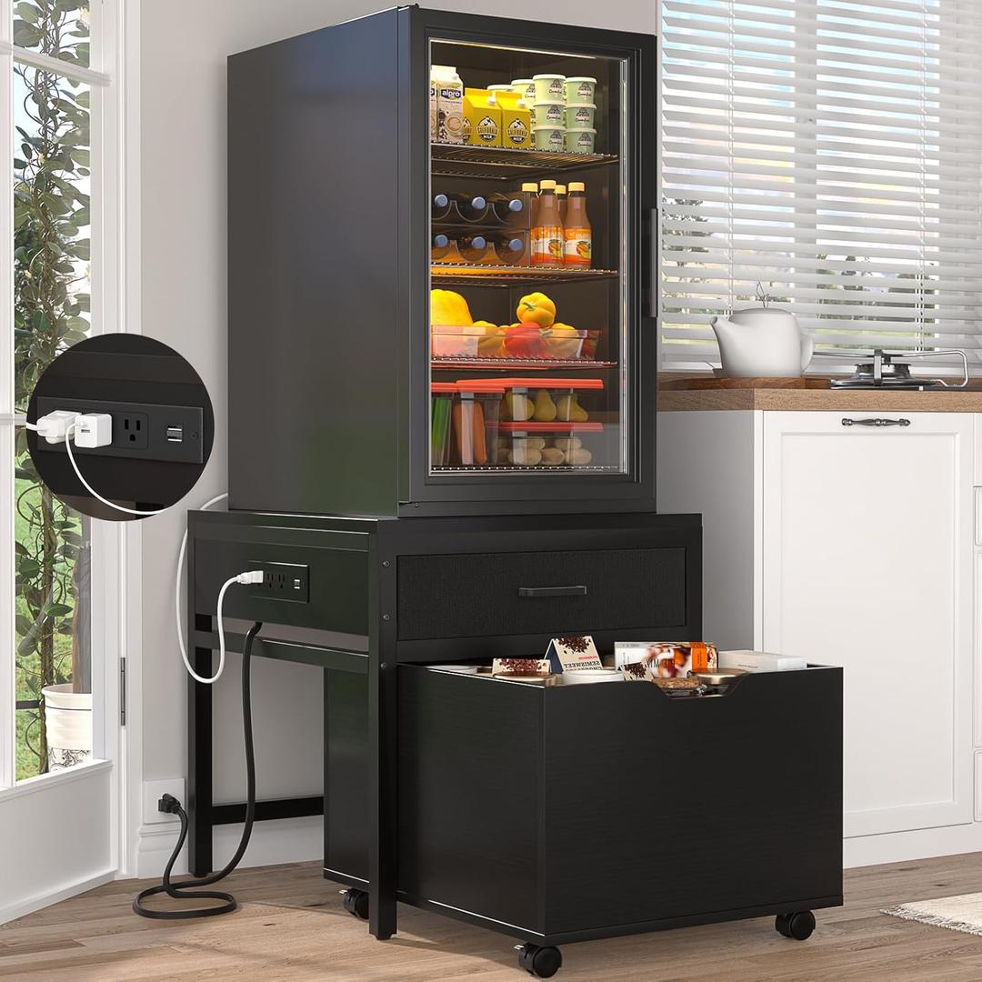 Unikito Mini Fridge Stand with Drawer Storage and Power Outlet, Heavy Duty Mobile Mini Fridge Shelf with Lockable Wheels, Beverage Refrigerator Table Stand, 22.8" L x 21.6" W, Max Load 300 LBS, Black