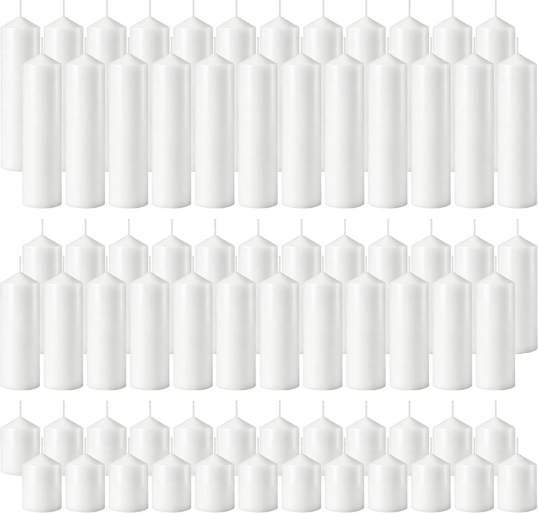 72Pcs White Pillar Candles Bulk, Unscented Dripless Wax Candle Set, 2x3/6/8 Inch Pointed-top