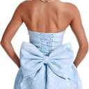 JUMISEE Embroidery Satin Homecoming Dress with Bow Modest Strapless Mini Dresses A Line Short Prom Dress Party Gown (Blue, M)