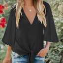 Bluetime Womens Tie Front Tops 3/4 Bell Sleeve V Neck Cute Summer Tops Shirts Casual Chiffon Blouses (Black, XL)