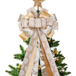 LaRibbons Large Gold Christmas Tree Topper Bow, 12"x45" Glitter Snowflake Ribbon Bow for Christmas Tree Decoration, Elegant Holiday Tree Ornament, Xmas Indoor Outdoor Decor