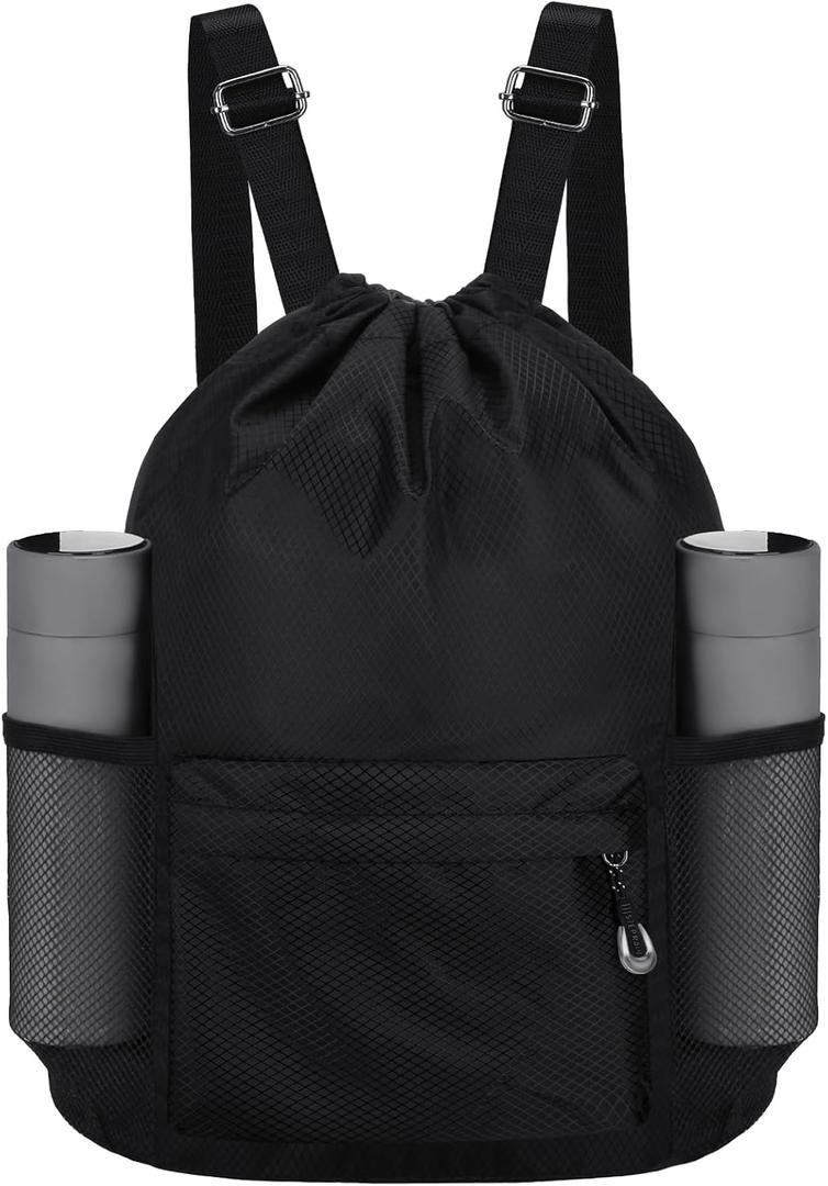 Waterproof Drawstring Bag, Lightweight String Backpack with Water Bottle Holder and Pockets, Gym Sports Cinch Sackpack (Black)