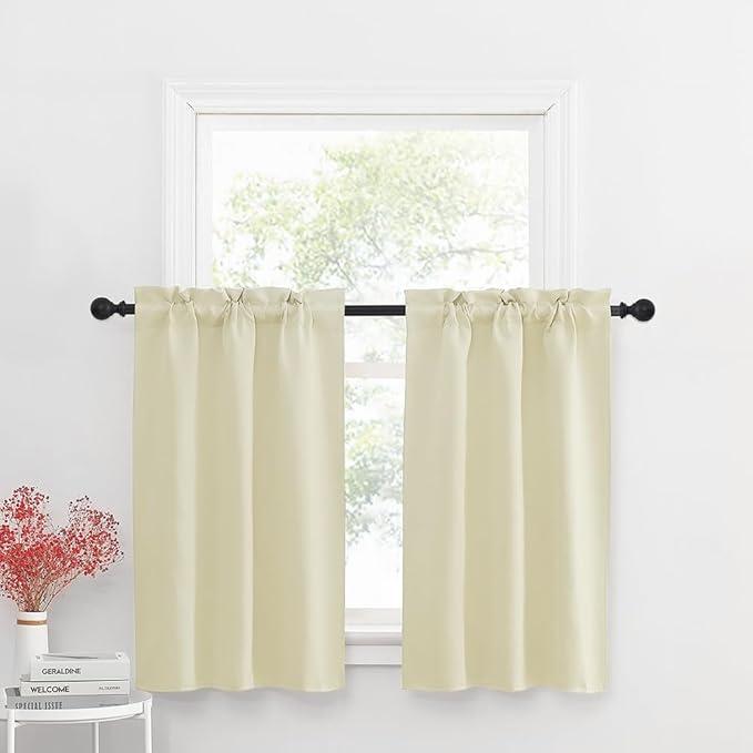 NICETOWN Small Curtains for Kitchen Window - Farmhouse Blackout Privacy Portable Curtain Tiers for Office Bathroom Basement Garage Storage RV Bunk, W34 x L36 inch, Beige, 1 Pair