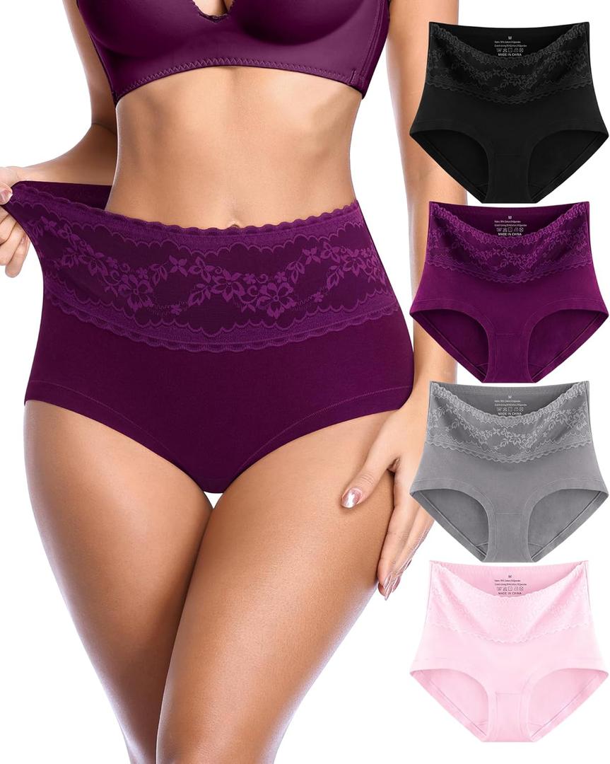 OLIKEME Cotton Underwear for Womens High Waisted Lace Brief Soft Tagless Postpartum C Section Panties 4 Pack, Medium