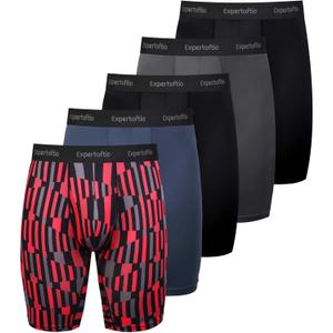 Men's Underwear 9 Inch Long Leg Boxer Briefs for Men, Performance, Moisture Wicking Pack, Anting Chafing, Fly, Size Extra Large (2 Red Pattern/Grey/Black/Blue)