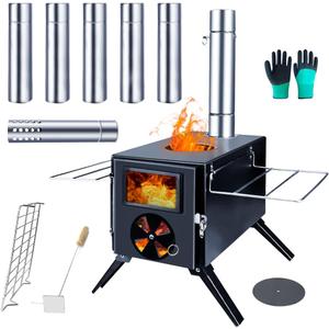 Fitinhot Camp Wood Stove, Tent Wood Burning Stoves Portable with Chimney Pipes, Upgraded Titanium Surface Camping Stove, Heat Resistant Glass & Gloves for Outdoor (Black)