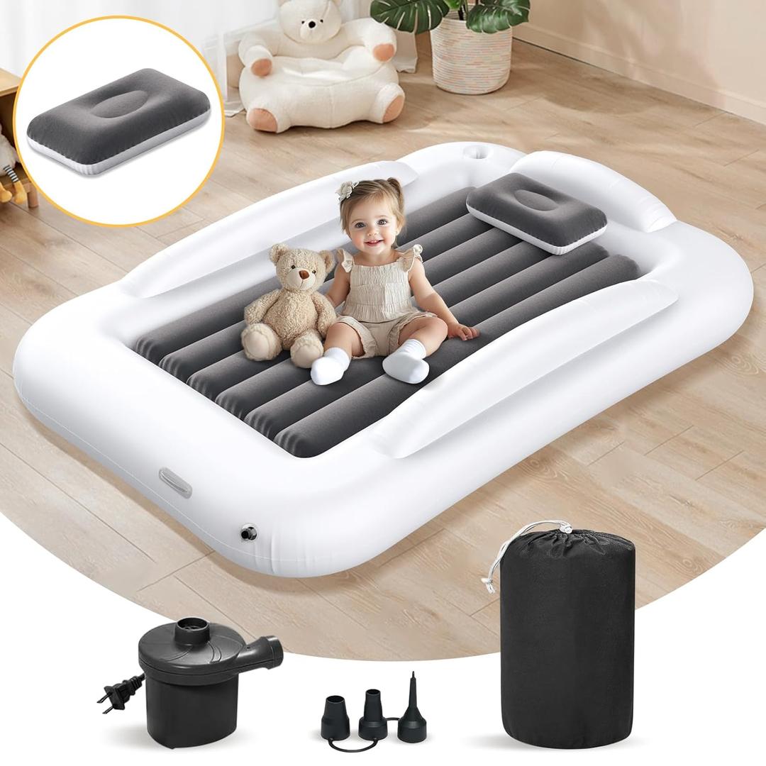 Inflatable Kids Travel Bed - Portable Comfortable Air Mattress with 3 Sides Safety Bumpers - Blow Up Bed for Camping & Travel (53 Inches), Grey 