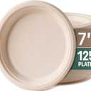 Disposable Plates, Sturdy and Durable Compostable Paper Plates - Heavy Duty, Eco-Friendly, Biodegradable, Unbleached, Sugarcane Bagasse Dinner Plate, Pack of 125-7 Inch