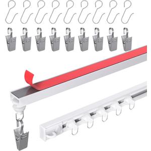Self Adhesive Ceiling Curtain Track, 9.8 FT Flexible Cuttable No Drill Curtain Rail, Stick On Ceiling Mount Curtain Rod for Room Divider, Window, Closet, RV, Includes Hooks and Clips