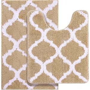 OLANLY Bathroom Rugs Set 2 Piece, Microfiber Bath Shower Mat and U-Shaped Toilet Rug, Machine Wash Dry, Non-Slip Absorbent Shaggy Bath Mats for Tub, Shower and Bathroom (30"x20"+24"x20", Beige)