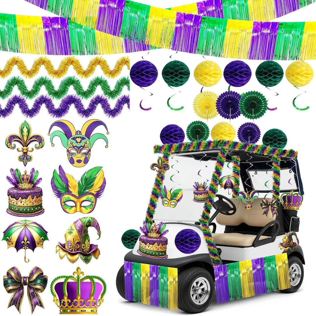 Norme 41 Pcs Mardi Gras Decorations Party Favors Supplies, Mardi Gras Cutouts Purple Green Gold Foil Fringe Curtains Garland Paper Pompoms Hanging Fan Swirls Decor for Home Outdoor Party Supplies