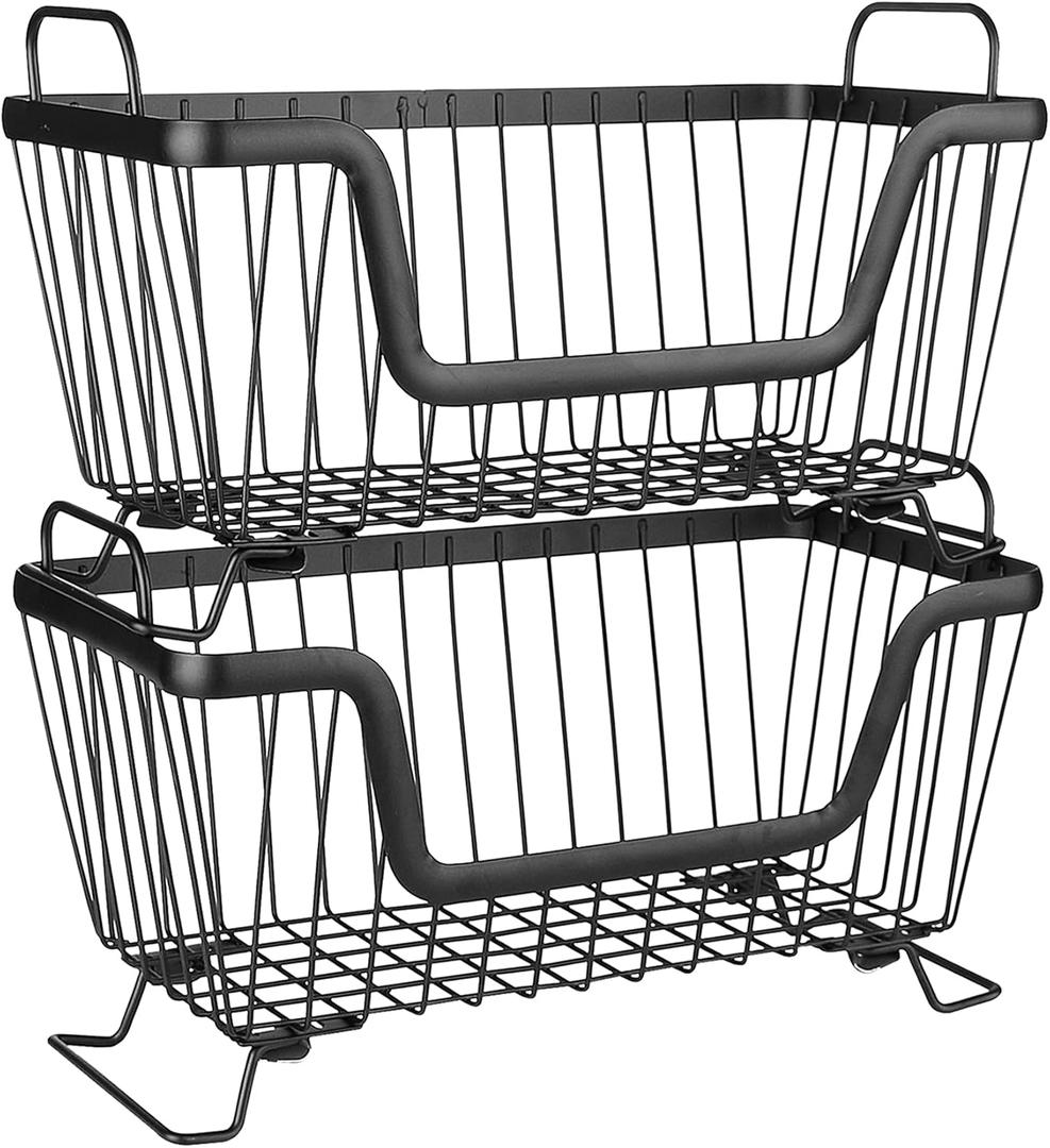 LOTTS Stackable wire basket, Metal Pantry basket, Storage Organizer Bin with Handles, Fruit basket for Kitchen Cabinets, Pantry, Closets, Bedrooms, Bathrooms (12.66.57.6")- Pack of 2