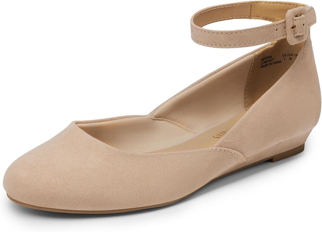 DREAM PAIRS Women's Dress Flats Ballet Low Wedge | Round Toe Flats, Ankle Strap, Comfortable Casual Flat Shoes (Beige, size 6.5)