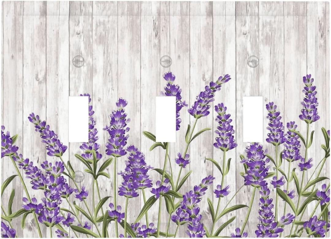 Purple Lavender Rustic Wooden Flowers Floral Plant Decorative Switch Plates 3 Gang Wall Plate Triple Toggle Light Switch Cover Faceplate Electrical Wall Panels for Farmhouse Living Room Decor
