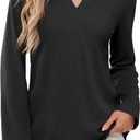 Women's Polo Shirts Collared V Neck Work Tops Long Sleeve Business Casual Dressy Blouses Textured Ribbed Tunic (Black, M)