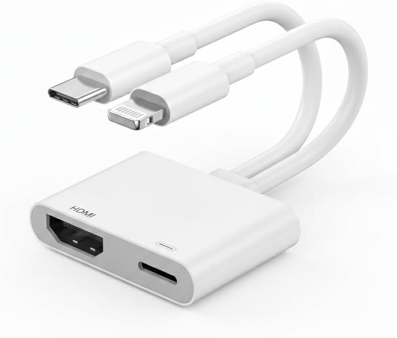 [MFi Certified] USB-C and Lightning to HDMI Adapter for iPhone, 4K@60Hz Sync Screen Apple to Digital AV Adapter with 100W Charging Port for iPhone 17/16/15/iPad/MacBook to HDTV/Projector/Monitor
