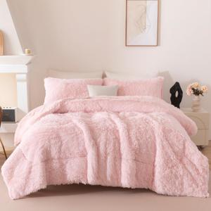 Pink Girls Queen Comforter Set 3 Pieces Faux Fur Fluffy Bedding Set Warm Plush Furry Teen Girl Bedding (Blush Pink, Queen)