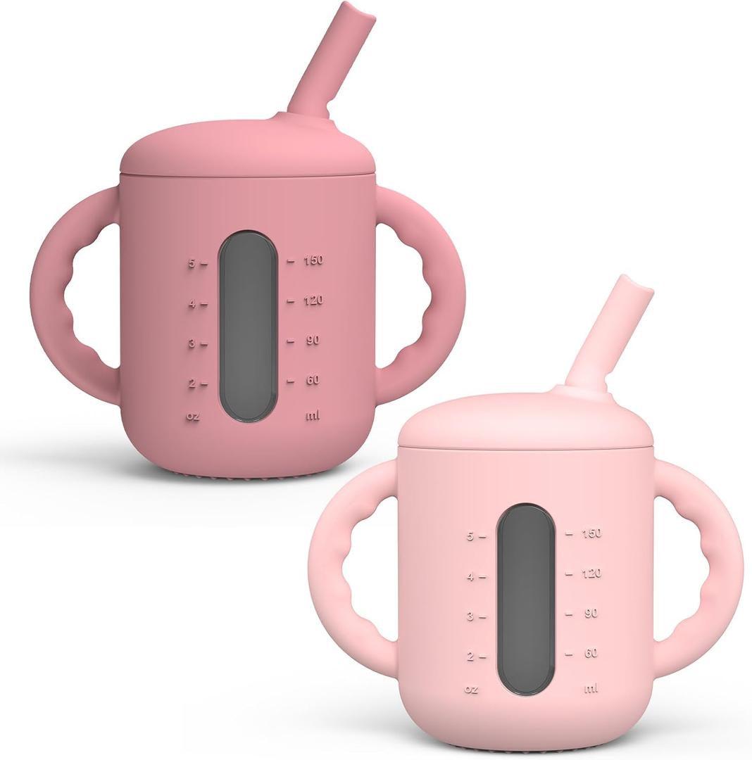 Seposeve 2 Pack Silicone Sippy Cups, Leak-Proof Baby Straw Cup for 6-12 Months, Spill Proof Toddler Cup with Straw 1-3 Years, with Capacity Marking, Non-slip Handle, Flow Control, 6 oz, Purple, Pink