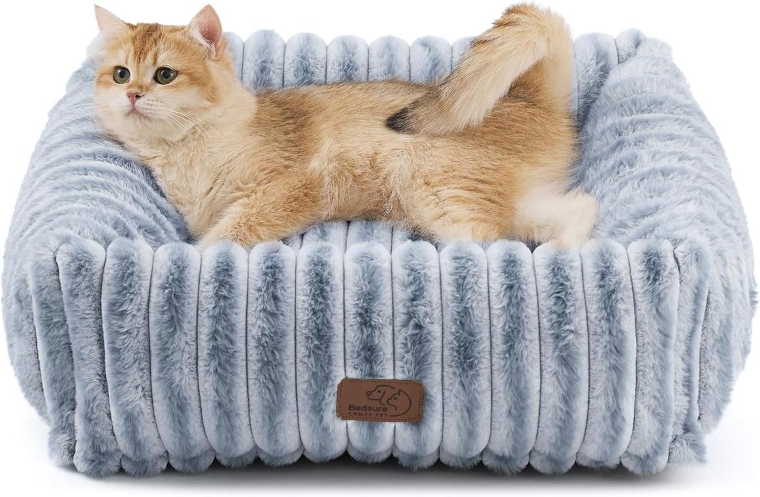 Bedsure ComfyFleece Cute Dog Bed for Small Dogs & Cats - Washable Furry Cat Beds, Rectangle Orthopedic Corduroy Fleece Puppy Beds with Removable Zipper Cover, 20x19x6inches, Blue Indigo
