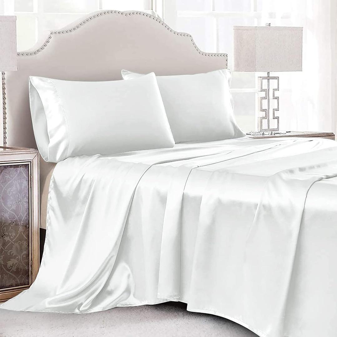 3 Pieces White Satin Sheets Twin Size Bed Set, Luxury Silky Satin Bedding Sheets Set with 1 Deep Pocket Fitted Sheet, 1 Soft Flat Sheet, 1 Pillowcases