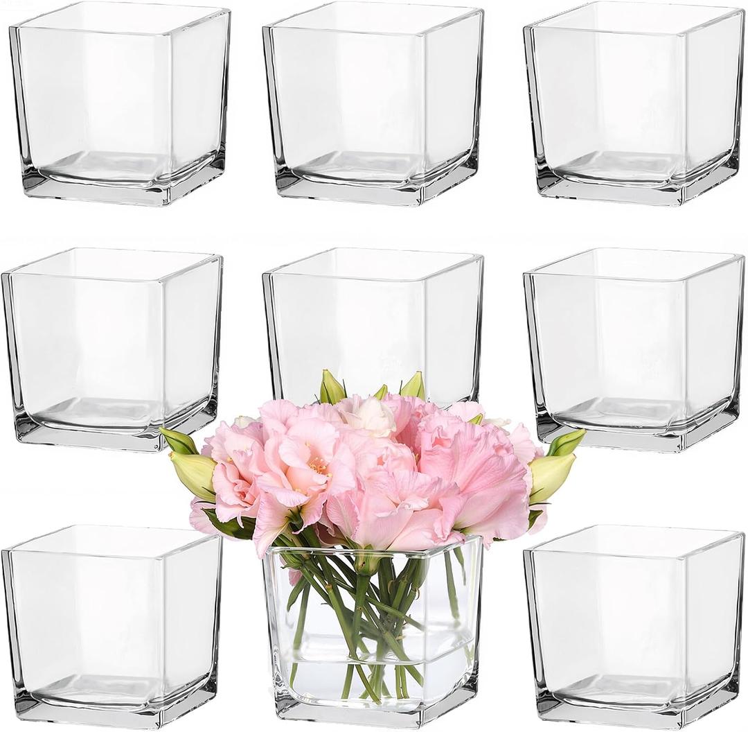 CONNOO 9 Pack Square Glass Vase 4" x 4" x 4", Clear Bulk Flower Vases for Centerpieces, Square Glass Cube Vase Floating Candle Holders for Wedding Party Home Decor