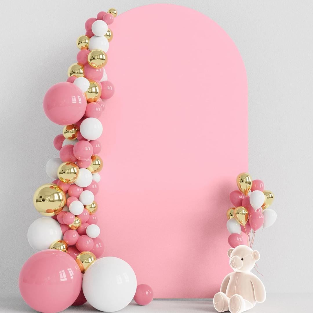 Wokceer Wedding Arch Cover 8FT Spandex Fitted Wedding Arch Stand Covers Round Top Chiara Arch Backdrop Cover for Birthday Party Ceremony Banquet Decoration Pink