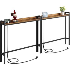 Kitstorack 2-Pack Narrow Entryway Console Table with Elevated Rear Fence & 2 Power Outlets, Skinny Behind Couch Table, 79" Long x 5.9" Wide x 33.3" High, Thin Sofa Side Table for Living Room, Brown